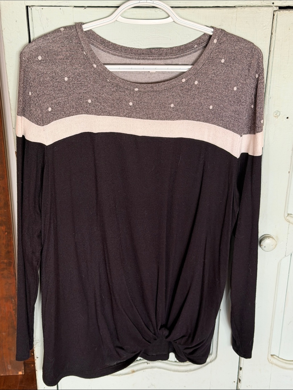 Maurices Black Long-Sleeve Top with Polka-Dot Gray And White Yoke